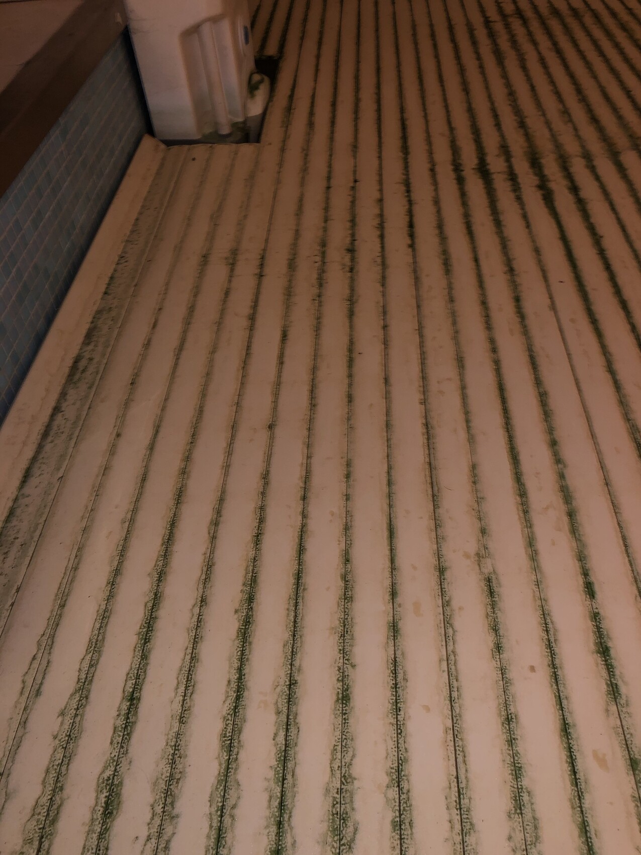 Floor with elongated green strip grooves; blue tiled wall on the left, corner with radiator visible.