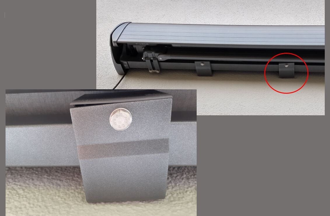 Two close-up shots of a roller shutter mounting system: bracket and screw bolt
