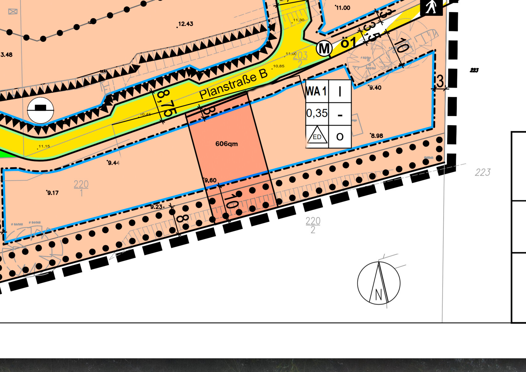 Site plan of a building area with Plan Street B, colored parcels, and dimensions.