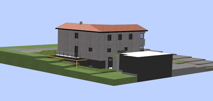 Two-story house with red tile roof, gray facade, terrace, garden, and garage.