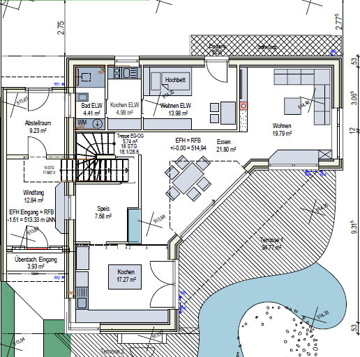 Floor plan of a house with rooms, kitchen, living room, dining area, terrace, and garden with pool.