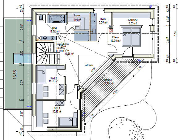 Floor plan of a house with hallway, stairs, balcony, sauna, bathroom, dressing room, master and children’s bedrooms.