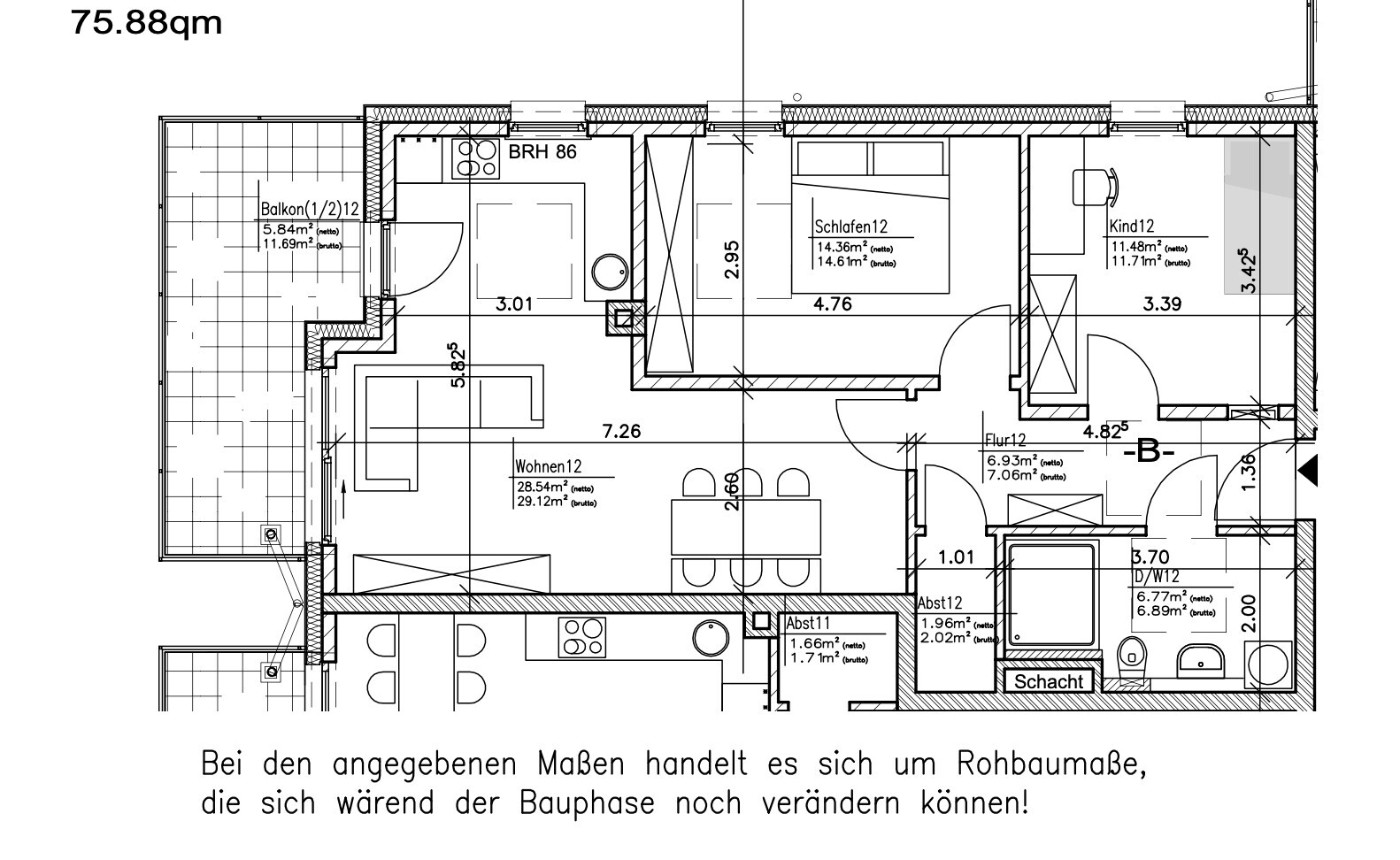 2D floor plan of a residential building with balcony, living room, kitchen, dining area, bedroom, and hallway