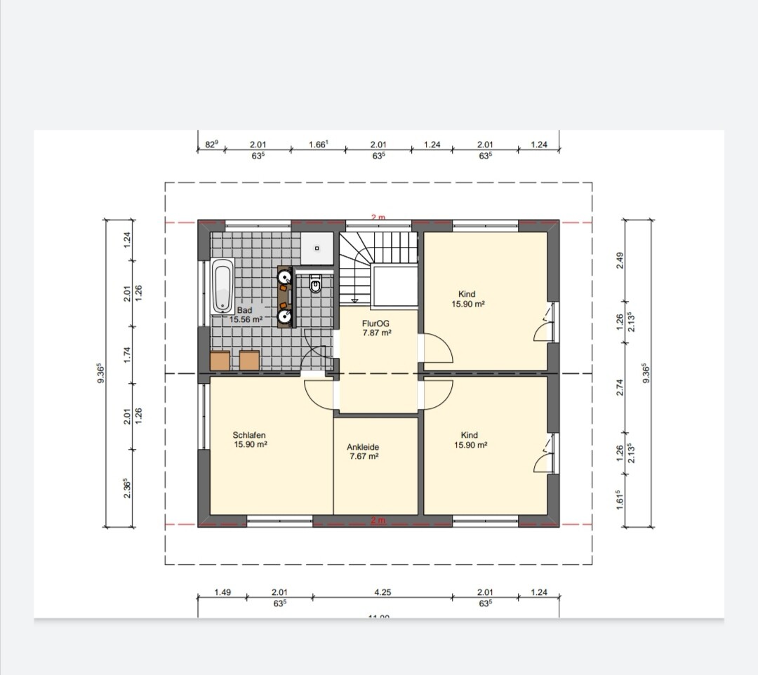 Floor plan of the upper floor with hallway, bathroom, master bedroom, dressing room and two children's rooms