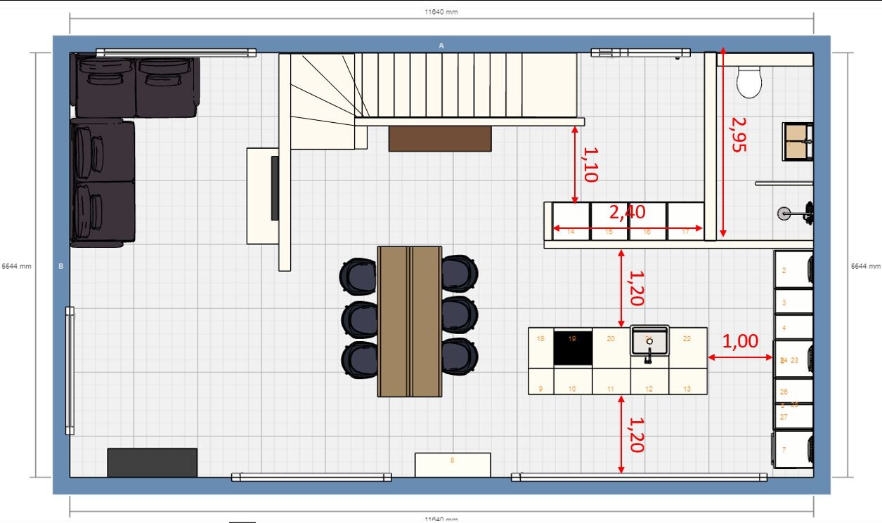 Grundriss eines Hauses mit Küche, Essbereich, Wohnzimmer und Treppe aus Vogelperspektive.