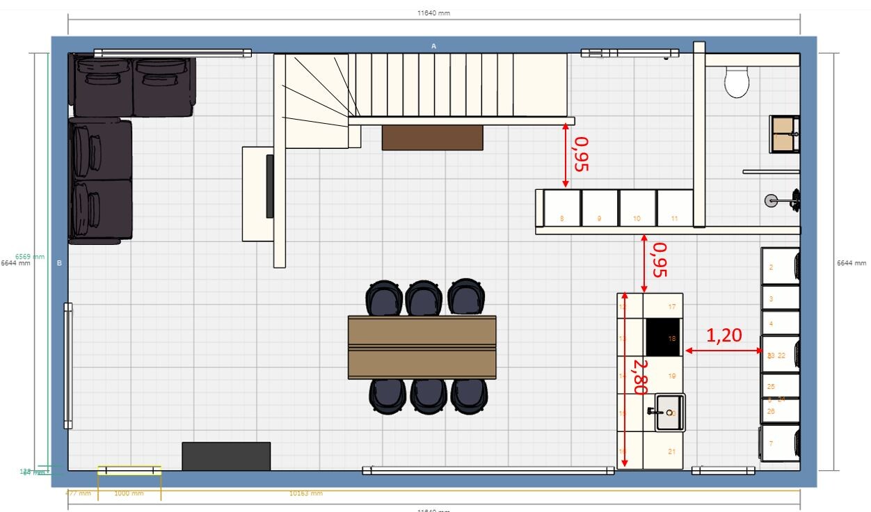 Oberer Grundriss: Esstisch mit 6 Stühlen, Sitzecke links, Treppe Mitte, Küche.