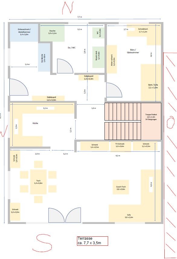 Floor plan of an apartment: kitchen, dining area, living room, bathroom, office, terrace.