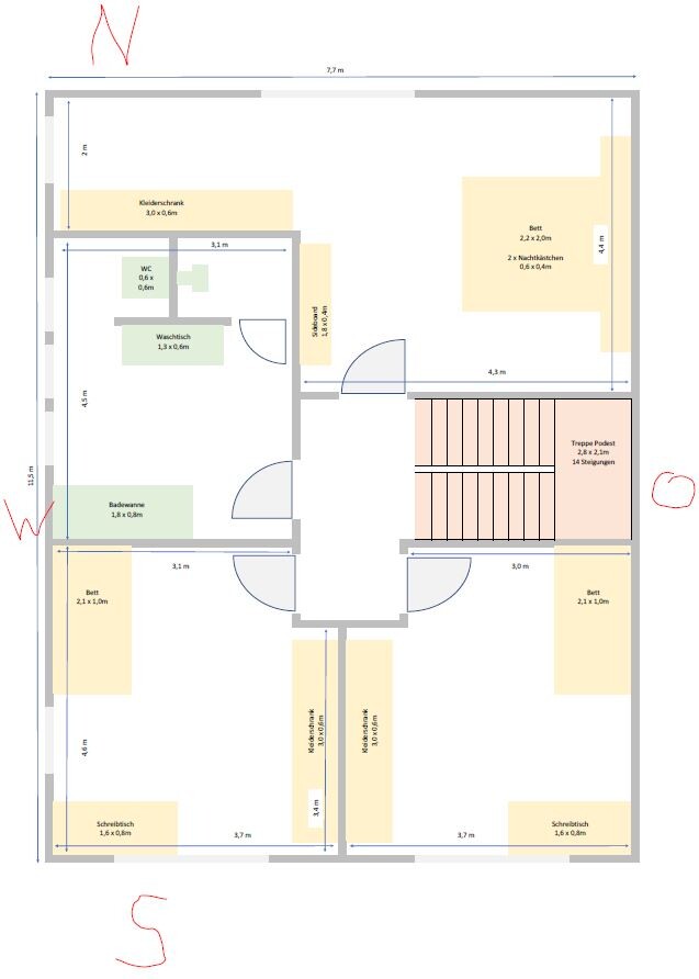 Floor plan of a residential building with several rooms, stairs, doors and furniture.