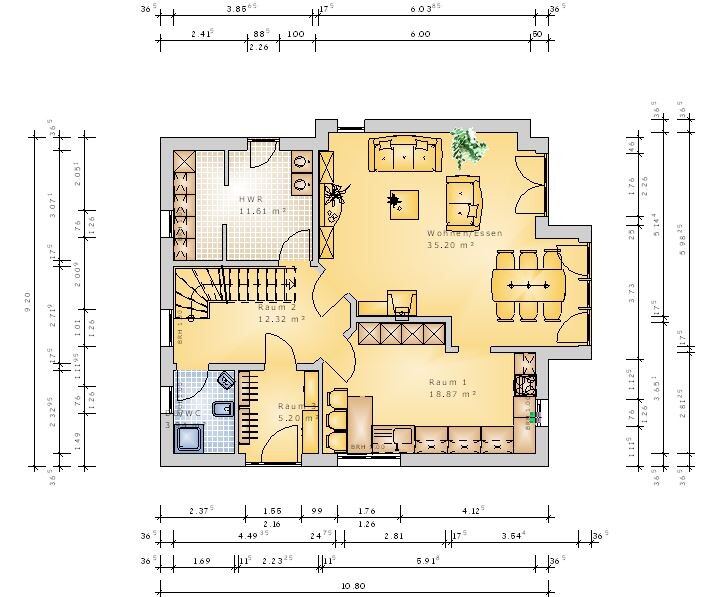 Floor plan of a house: living/dining area, kitchen, two rooms, bathroom, utility room, and stairs.