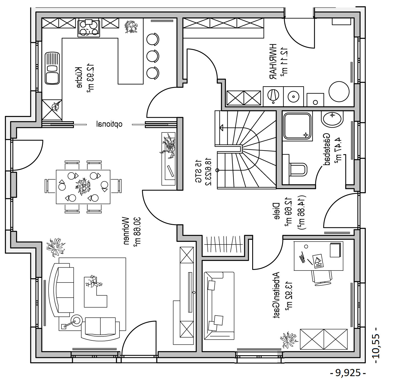 Floor plan of a house with kitchen, dining area, living room, study, bathroom, hallway, and staircase.