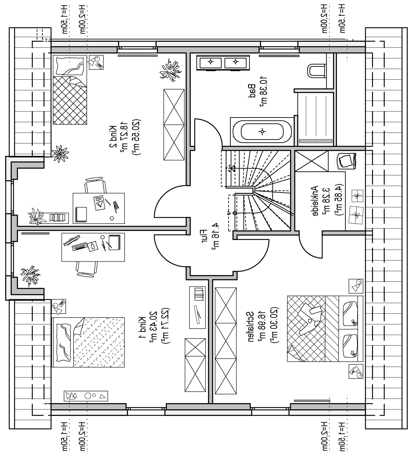 Floor plan of a house with central staircase, living room, kitchen, bathroom, and bedrooms.