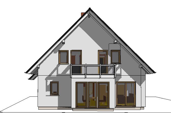 Two-story house with pitched roof, balcony, and large glass windows.