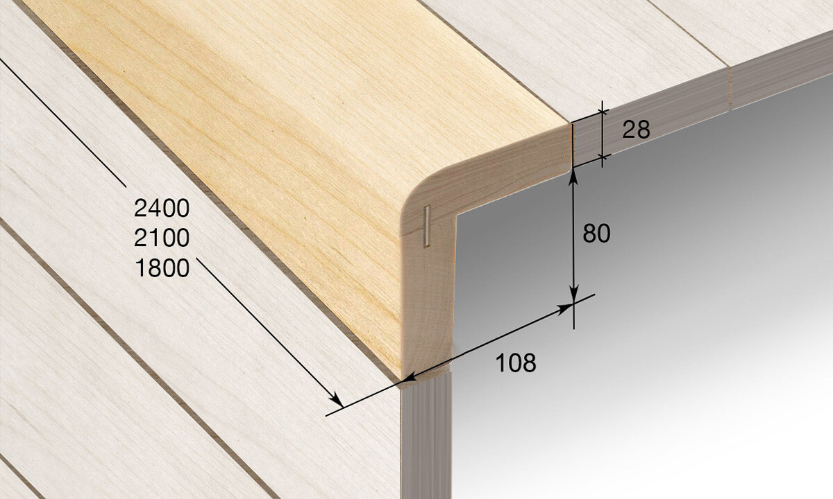 Wood panel with rounded edge; dimensions 28,80,108 and lengths 2400/2100/1800.