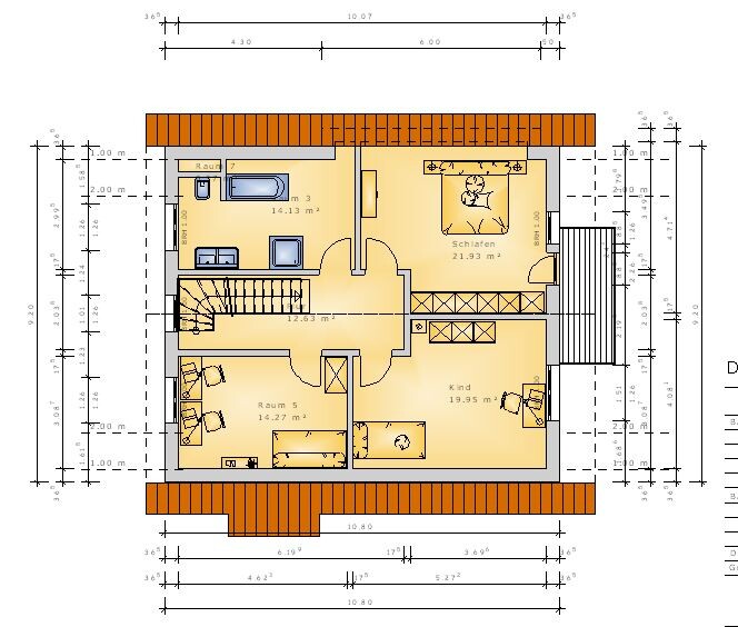 Floor plan of an upper floor with bedroom, children's room, hallway, and staircase.