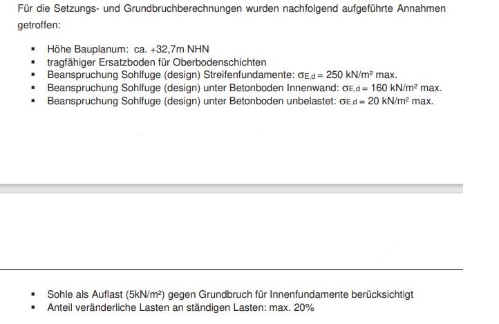 Document page with assumptions for settlement and bearing capacity calculation in foundation construction