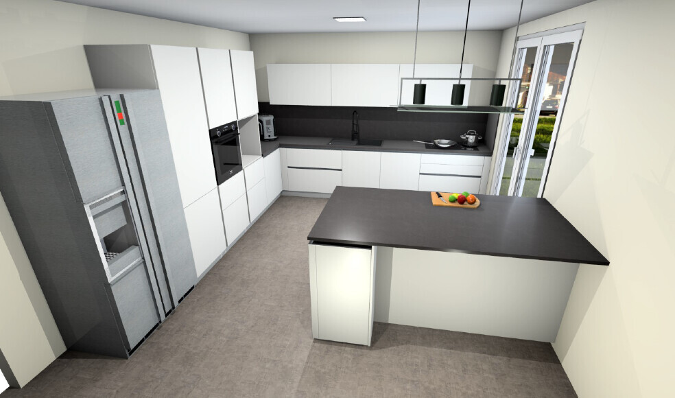 Modern 3D kitchen with island, white cabinets, dark countertop, window exit.