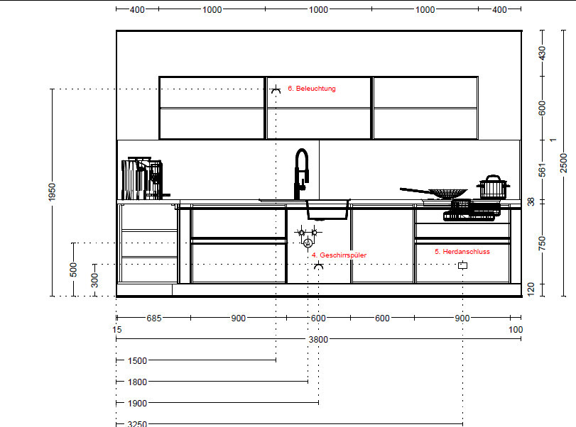Kitchen row with sink, dishwasher, stove connection, lighting.