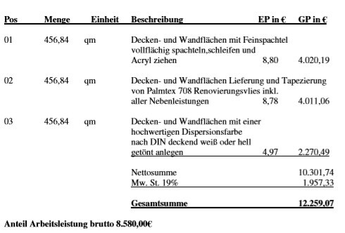 Baukostenliste mit Decken- und Wandflächen-Spachtelarbeiten und Gesamtsumme