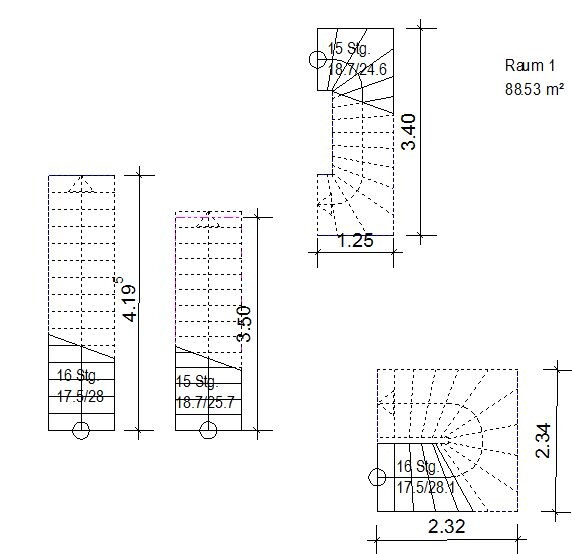 Technical drawing of a stair floor plan with straight and spiral stairs