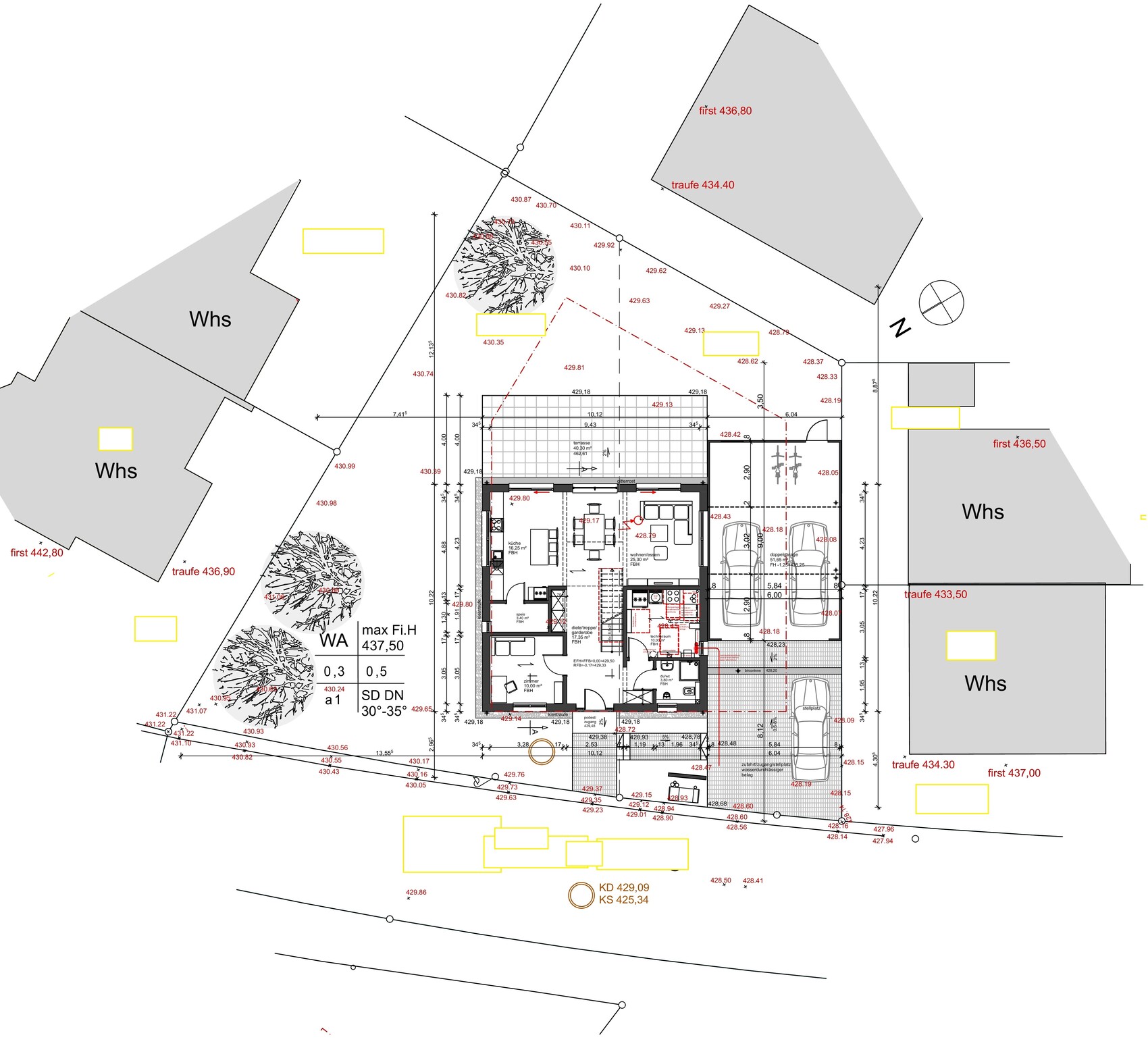 Lageplan: Hausgrundriss mit Garage, umliegenden Gebäuden (Whs) und Maßangaben.