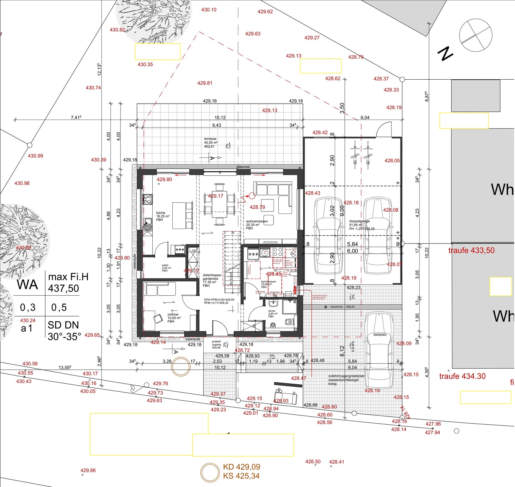 Grundriss eines Einfamilienhauses mit Doppelgarage, Wohn-Essbereich, Küche und Terrasse.