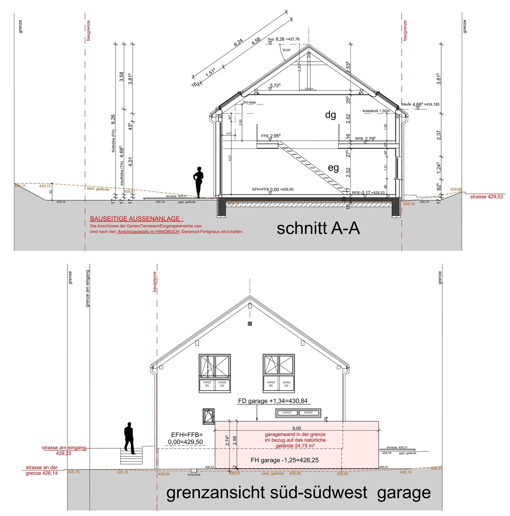 Architekturzeichnung: Querschnitt A-A eines zweigeschossigen Hauses mit Treppe und Dachstuhl; Garage.