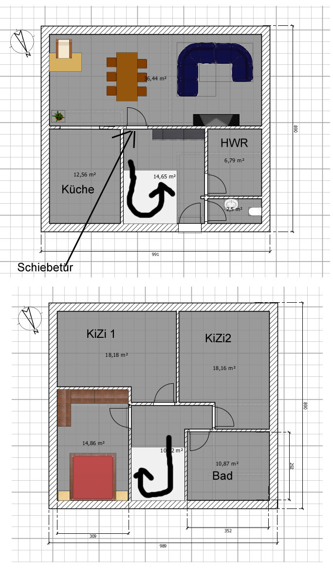 Two-story floor plan: upper floor kitchen/dining/living area, below two children's bedrooms and bathroom.