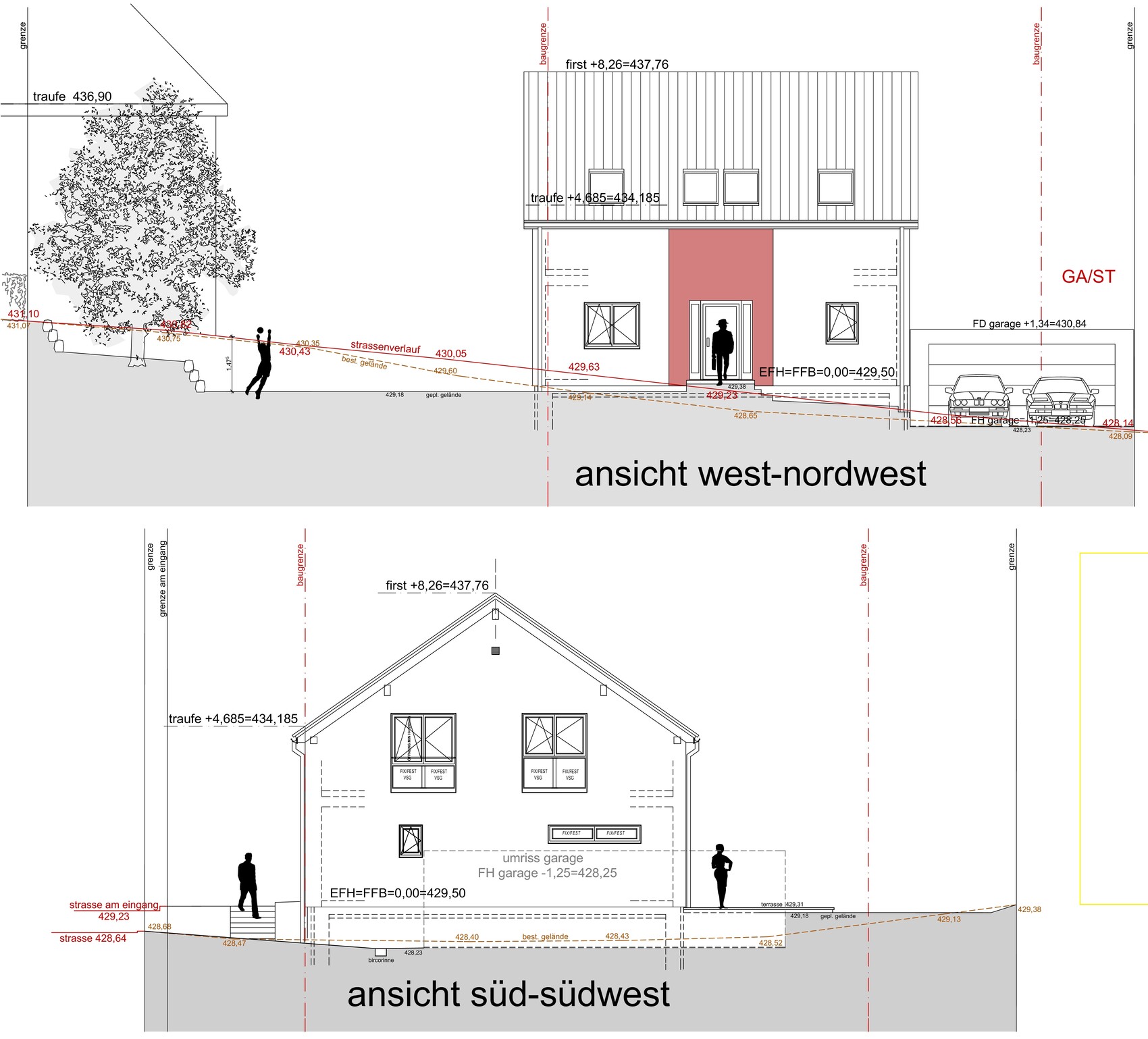 Architekturzeichnung eines Hauses mit Garage; West-Nordwest- und Süd-Südwest-Ansichten, Baum.
