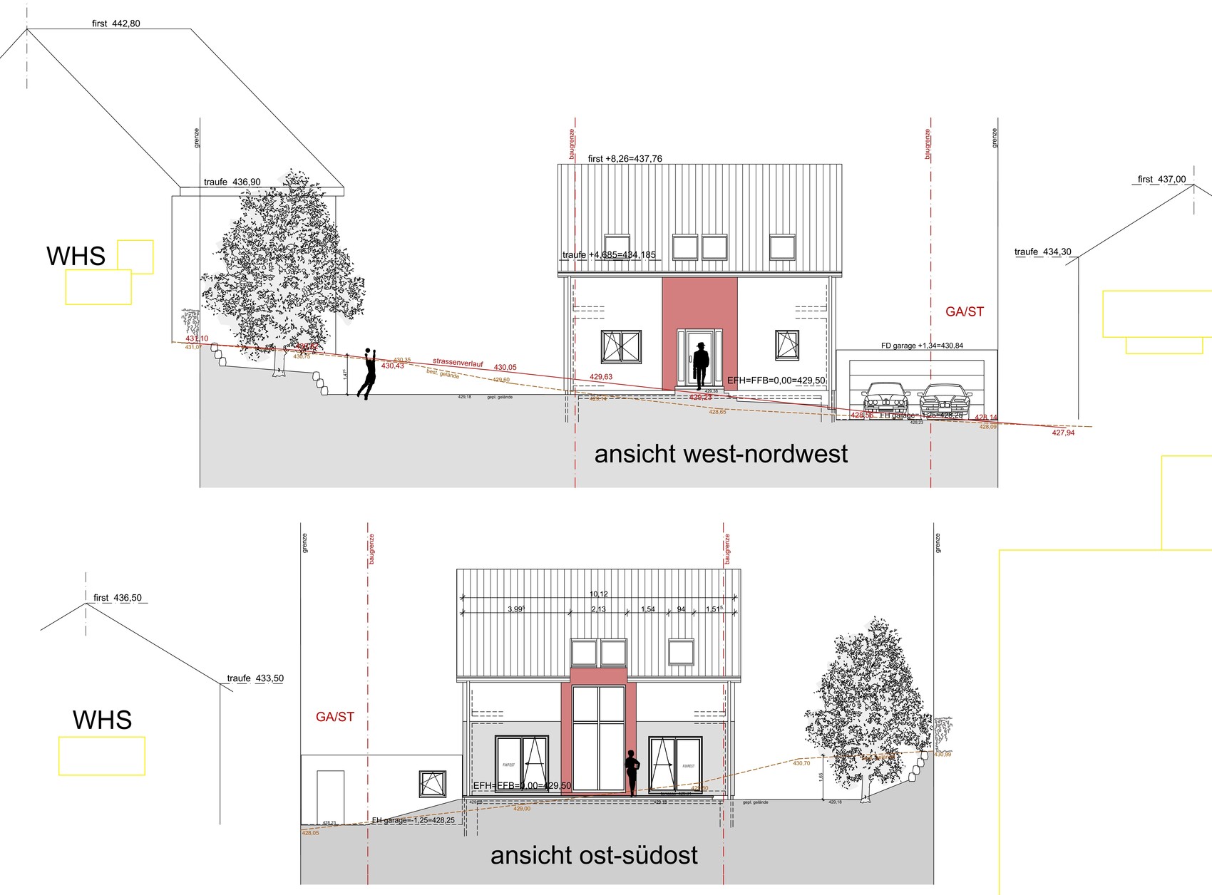 Moderne zweigeschossige Häuser-Skizze mit Garage, Baum und Person; West-Nordwest und Ost-Südost.