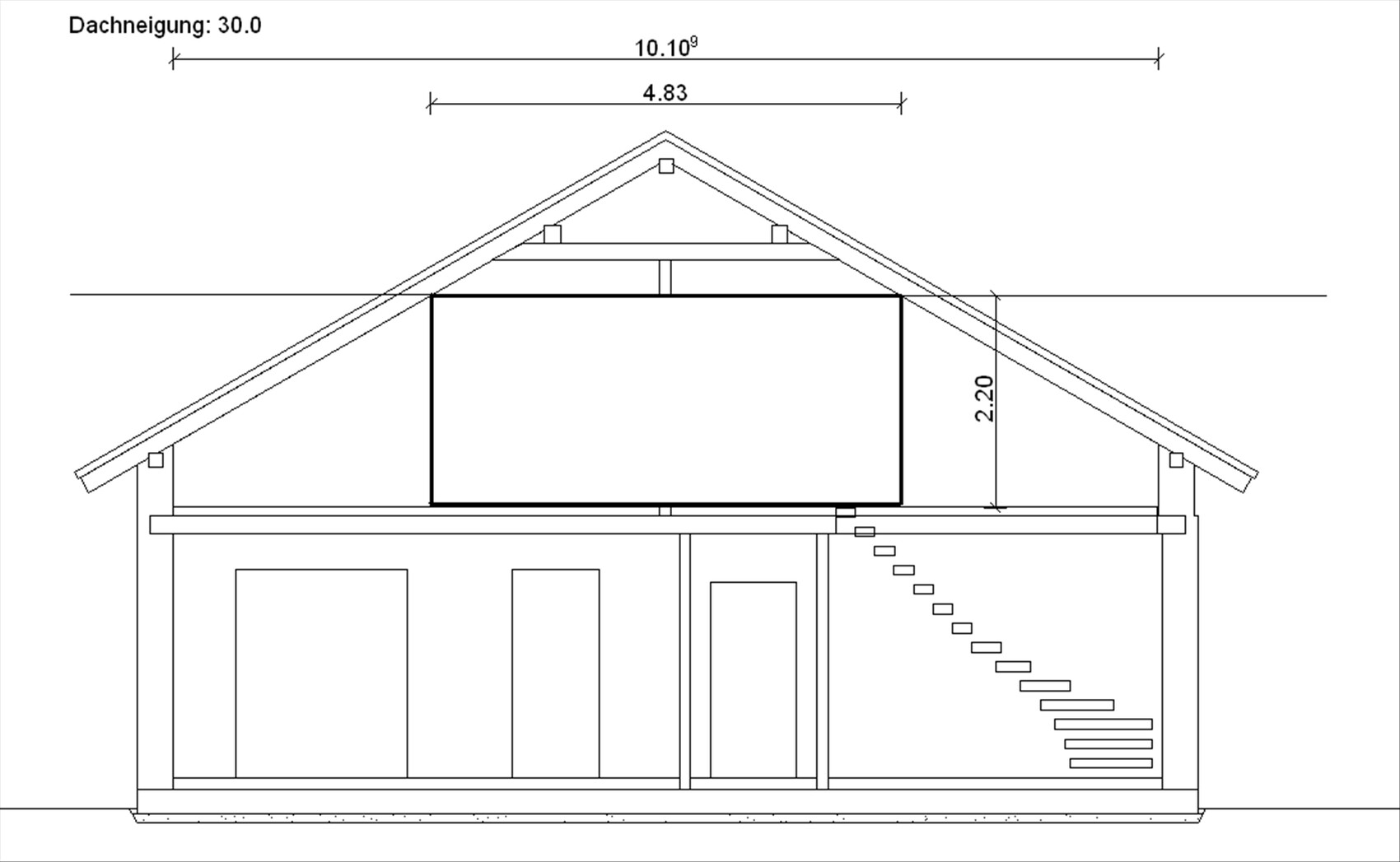 Section through a house with pitched roof, roof construction, and stair area visible