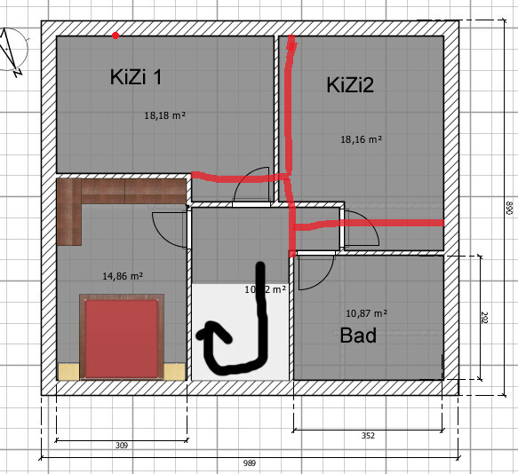 Grundriss eines Wohnhauses: KiZi 1, KiZi 2, Bad, Flur; rote Linien markieren Wände.