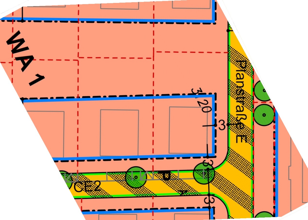 Site plan of a building project with property boundaries, building areas, and access roads