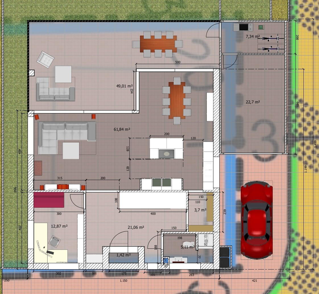 Floor plan of a house with living room, dining room, kitchen, bedroom, bathroom, garage with car, and garden.