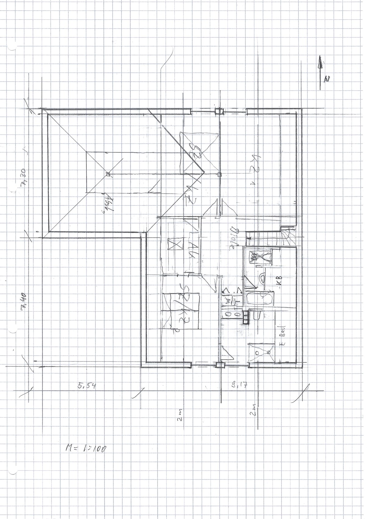 Handgezeichneter Wohnungs-Grundriss mit Zimmern, Türen und Maßen auf Graphpapier
