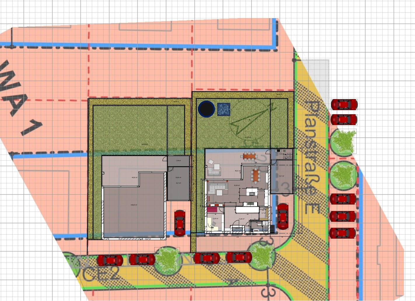Top view: Two building complexes, parking spaces, trees and green areas on the property.