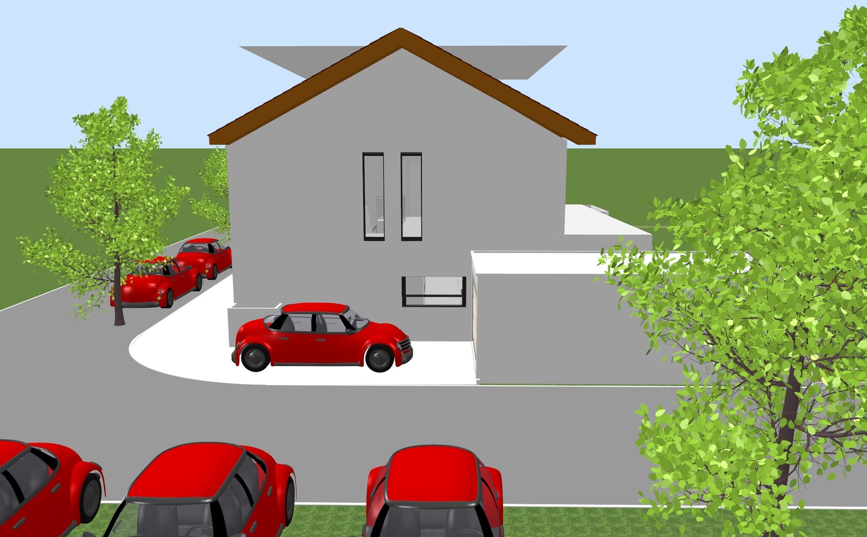 Gray house with brown roof, several red cars in front of driveway, trees in garden area