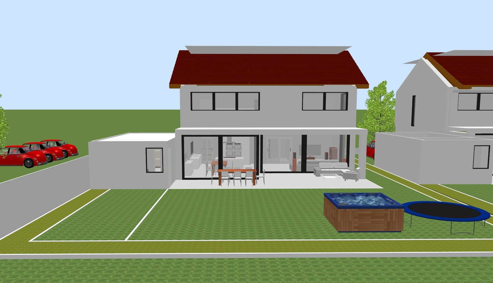 Modern semi-detached house with terrace, open kitchen, garden, pool, trampoline, and hot tub.
