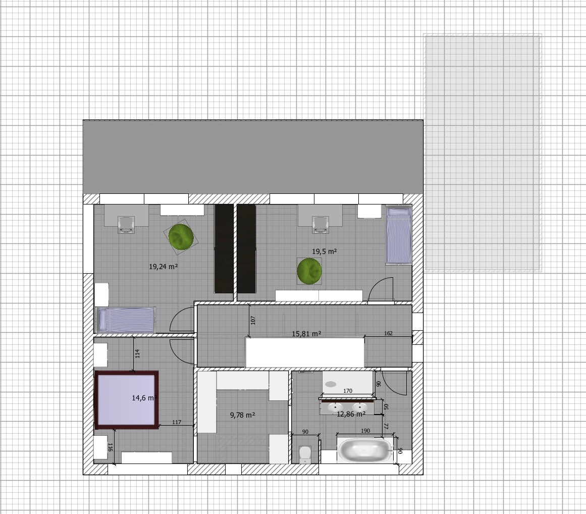 Floor plan of a house: two large rooms with furniture, hallway and bathtub.