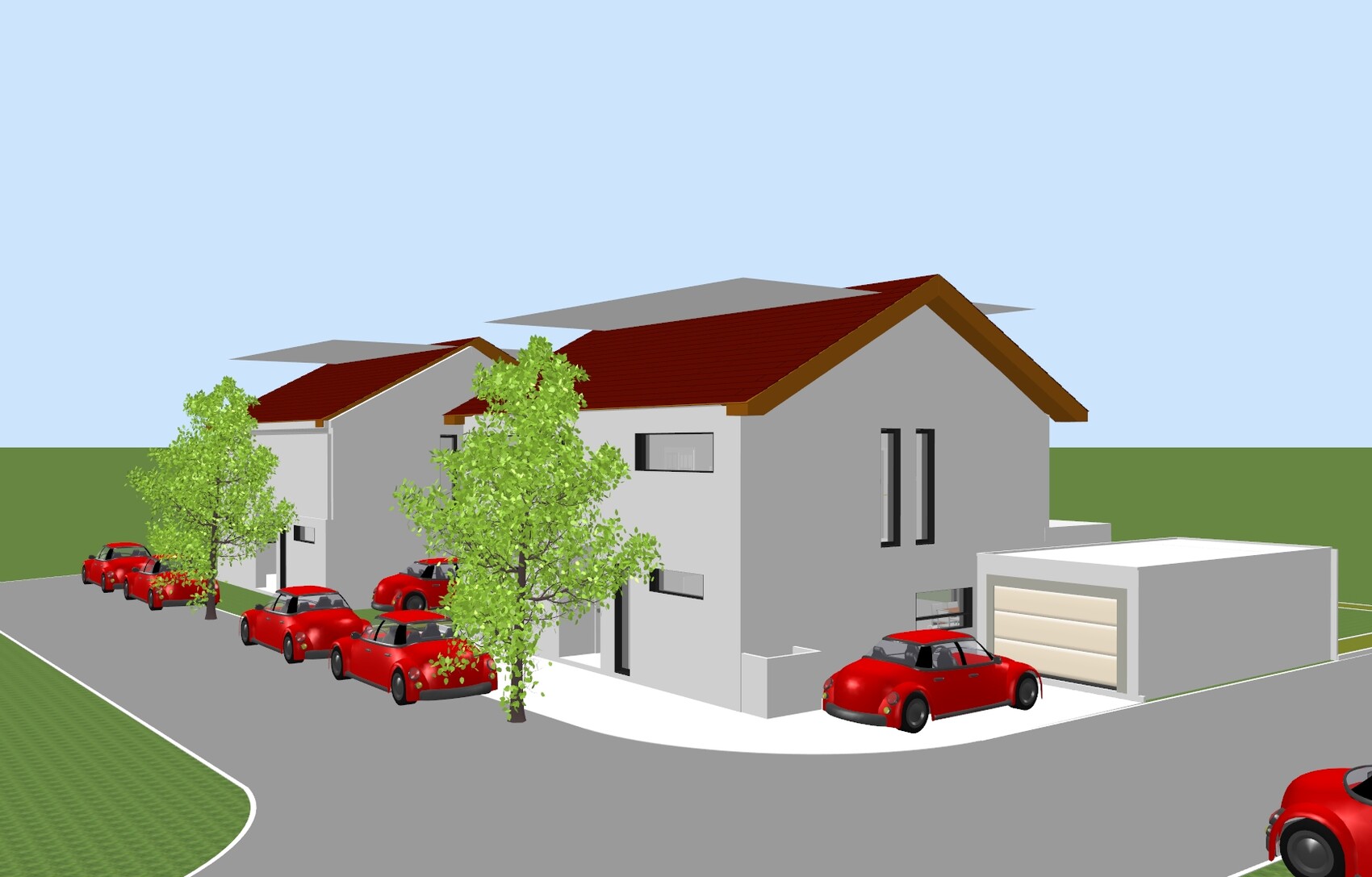 Modern gray semi-detached house with red roof, garage and several red cars in front of the house, trees.