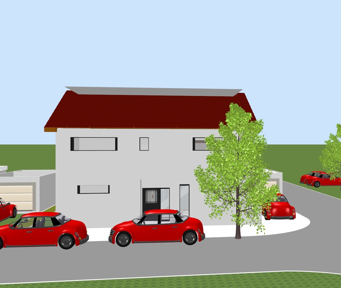 Two-story house with red roof, several red cars and trees.