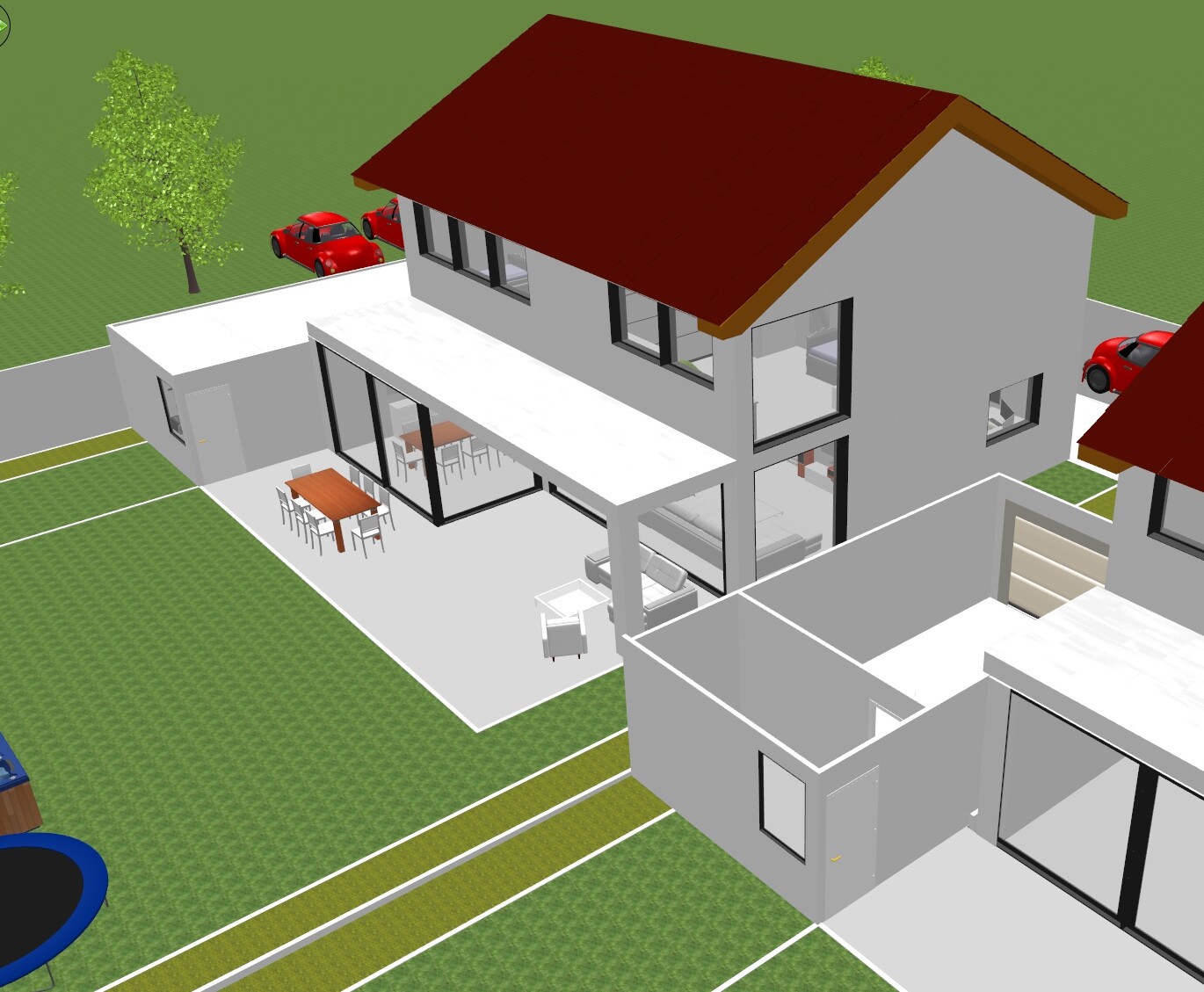 Modern two-story villa with red roof, lots of glass, terrace, and parked cars.