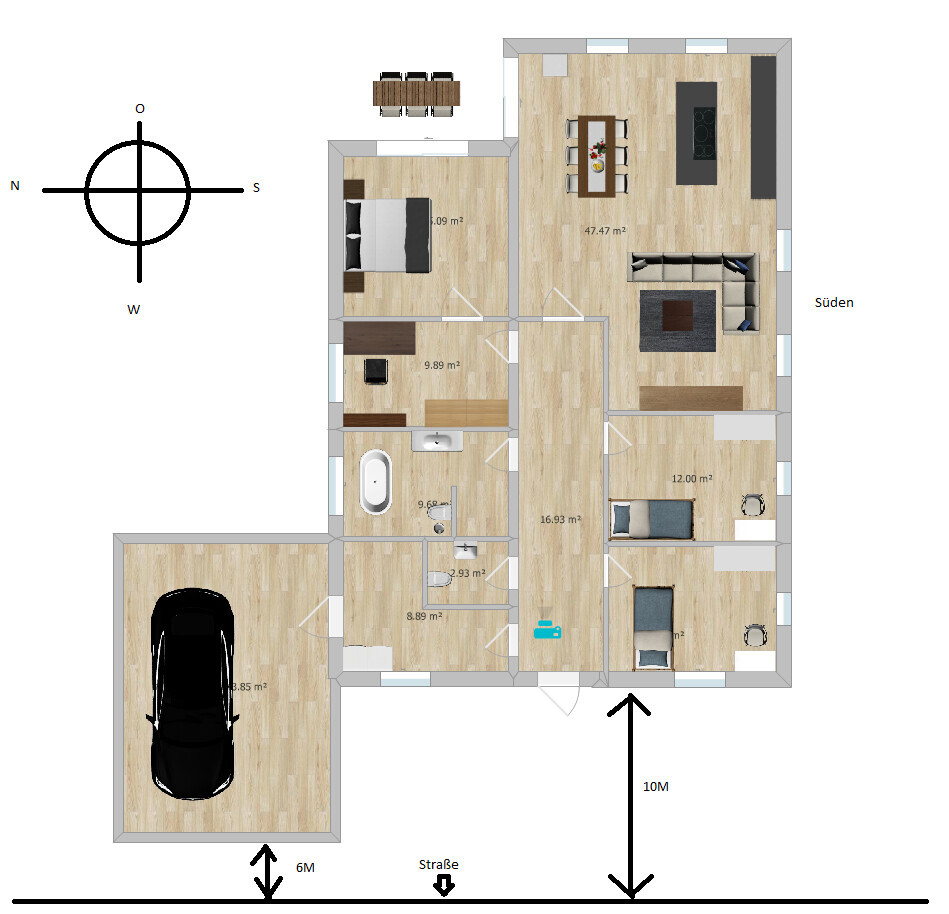 Floor plan of a single-family house: living room with dining table, kitchen, bedroom, bathroom, hallway, garage.