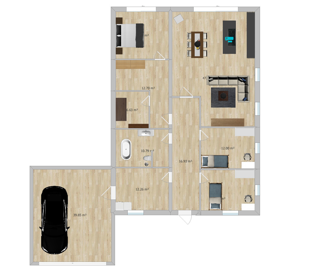 Grundriss eines Hauses: Küche mit Insel, Essbereich, Wohnzimmer, Schlafzimmer, Bad, Flur, Garage.
