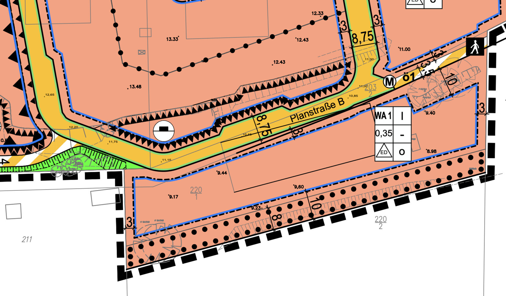 Detailed building and street plan with Plan Street B, colored zones, lines, and labels.
