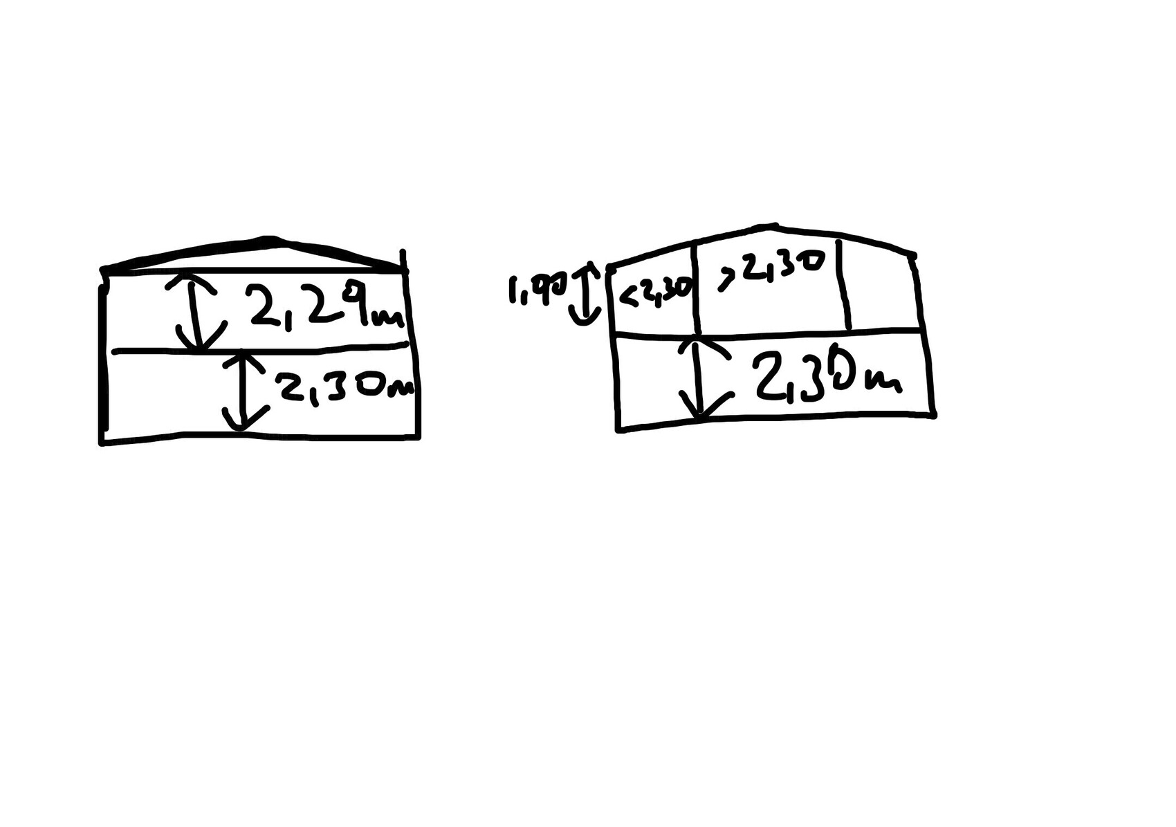 Sketch of two rectangles with height indications in meters (2.29 m; 2.30 m; 1.97 m).