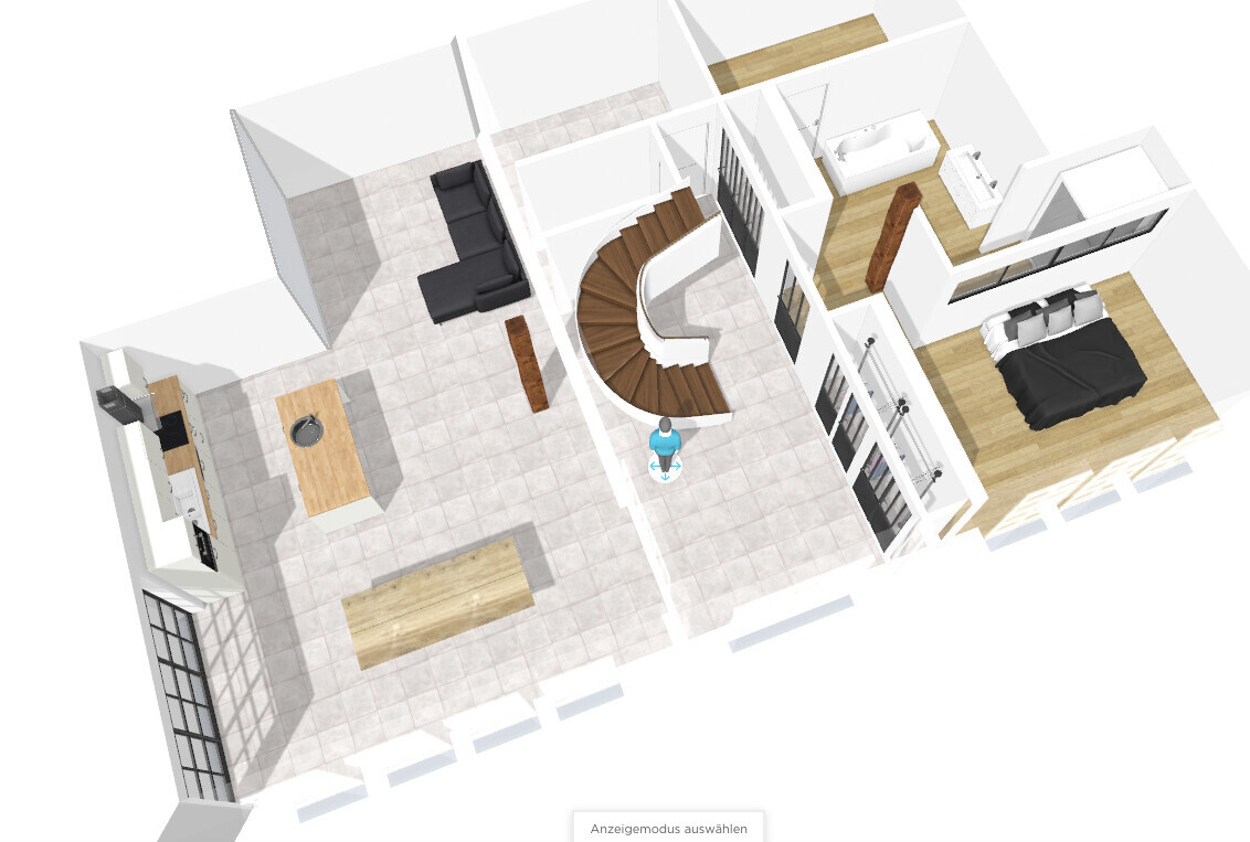 3D floor plan of a house: kitchen with island, living room, spiral staircase, corridor, bedroom.