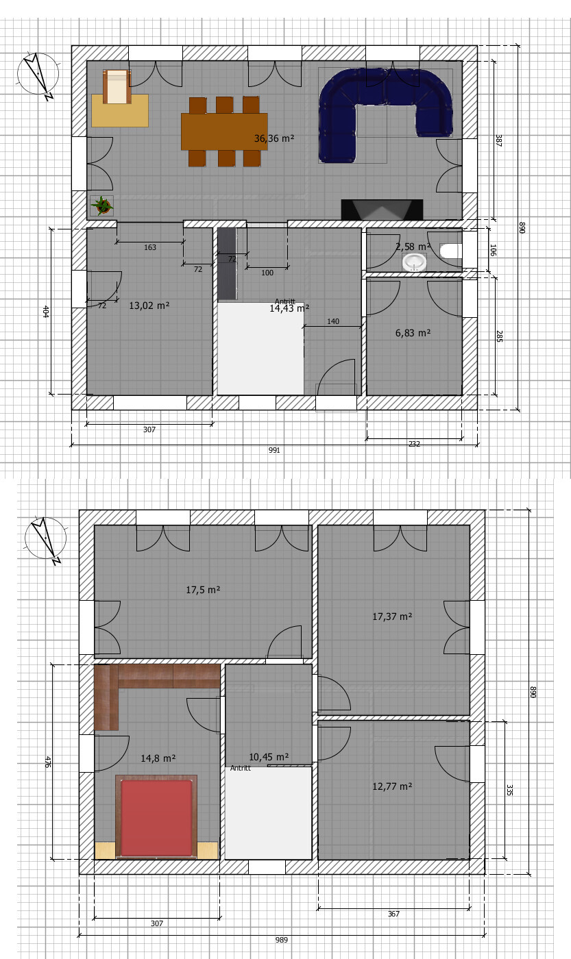Two-story floor plan: upper floor with dining table and U-shaped sofa, bathroom; lower floor with bedrooms.
