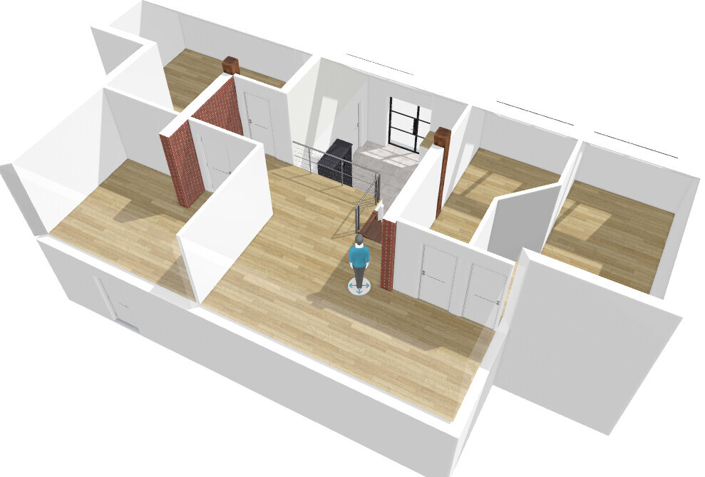 3D-Grundriss eines Apartments: Flur mit Türen, mehrere Räume, stehende Person am Eingang.