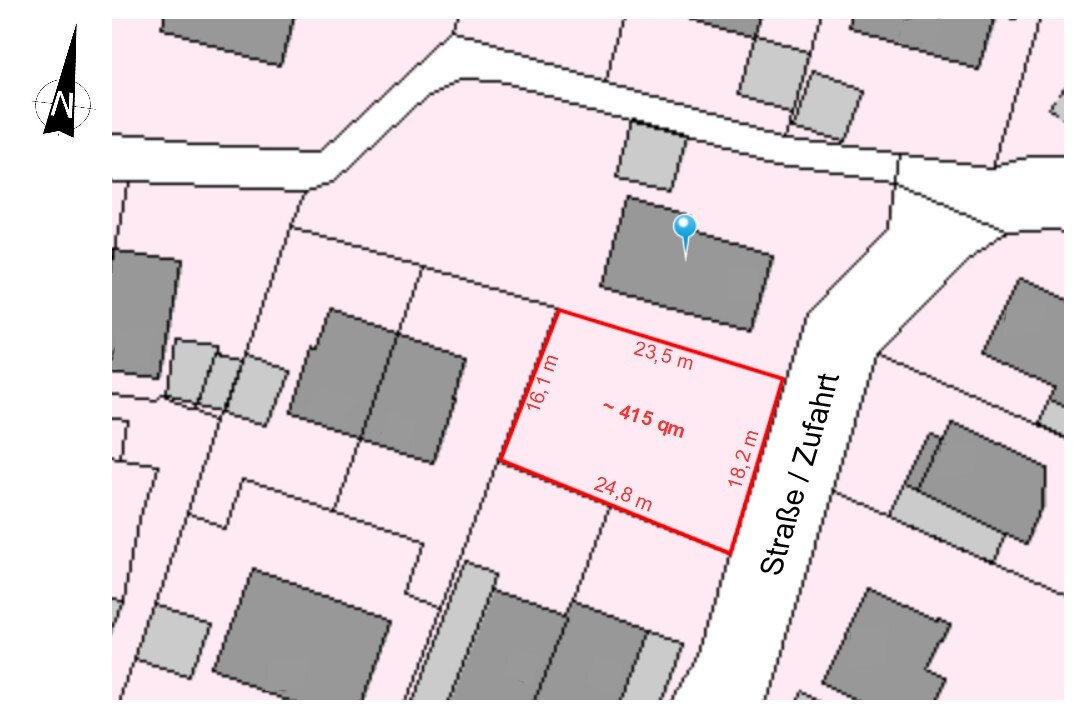 Lageplan: Grundstück mit roter Umrandung, ca. 415 m²; ca. 16,1–24,8 m; Straße rechts; Blauer-Pin