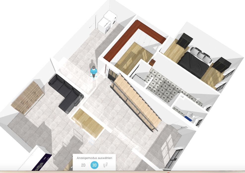 3D floor plan of an apartment: living room with sofa, kitchen, hallway, bedroom, staircase, furniture.